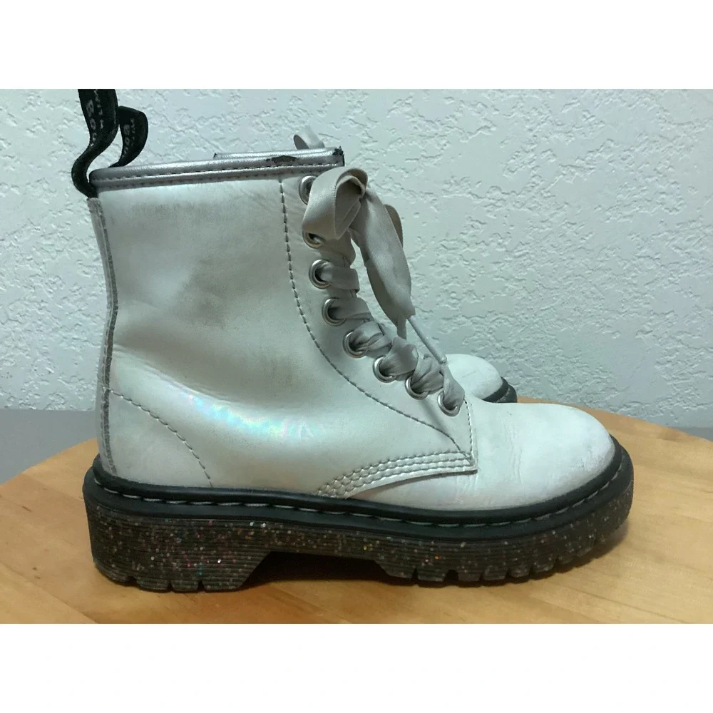 Dr Martens Boots Kids Size 12 Iridescent White Glitter Sole Side Zip Delaney